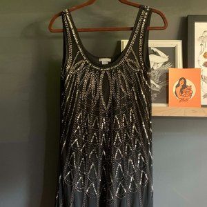 Black Art Deco Beaded Swing Dress // M